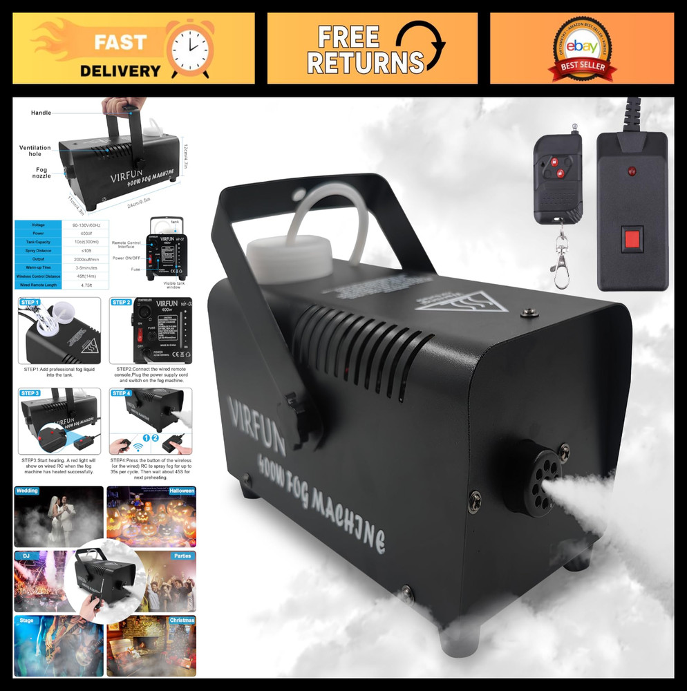 VIRFUN Fog Machine, Smoke Machine with Wireless&Wired Remote Control for Hallowe