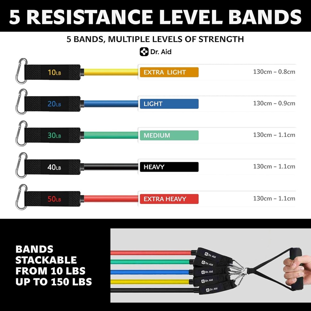 Resistance Band Set - 5 Stackable Exercise Bands with Handles