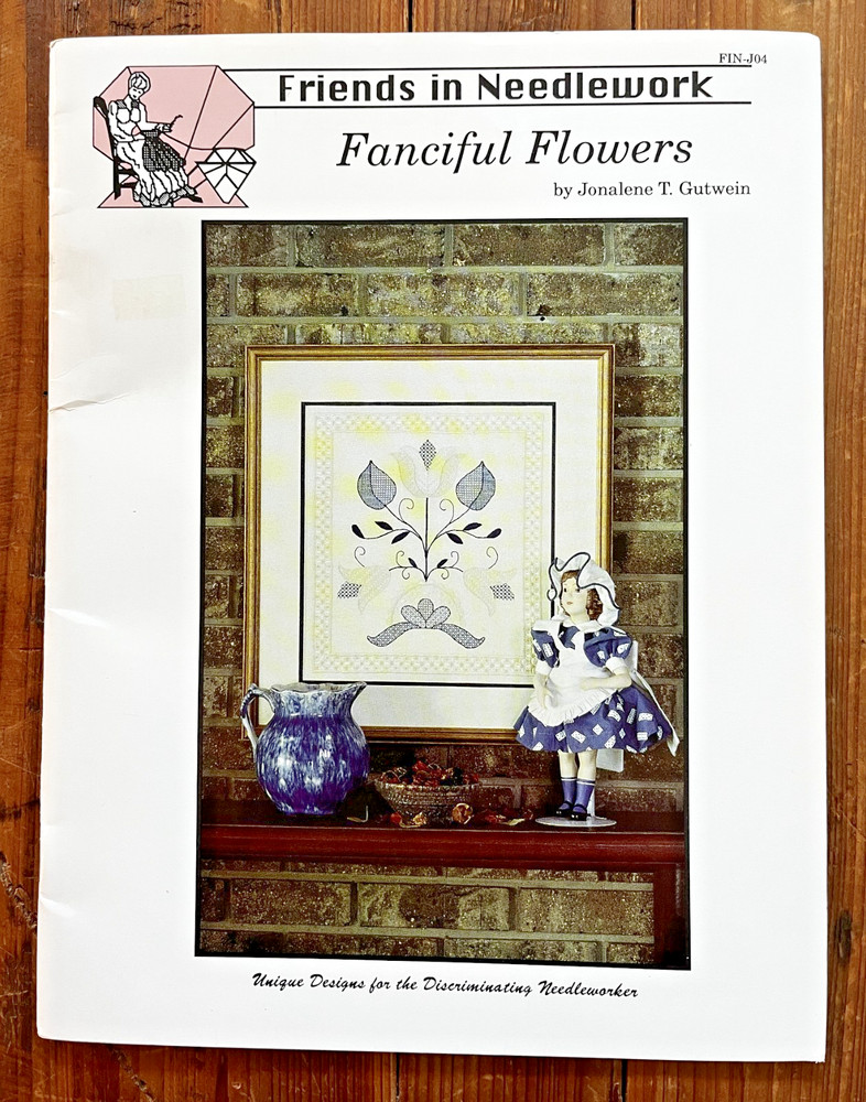 Friends in Needlework Fanciful Flowers drawn thread/fabric and blackwork pattern