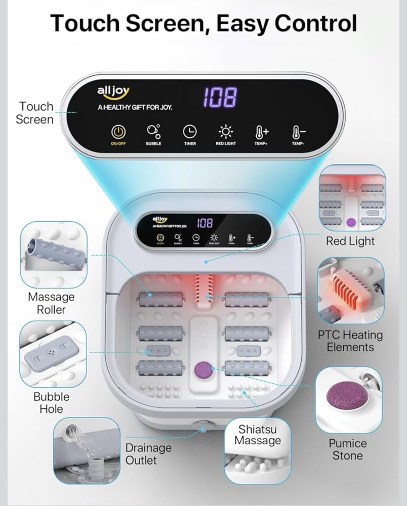 Alljoy Collapsible Foot Bath Spa Touch Screen Bubble Massage Red Light Heating