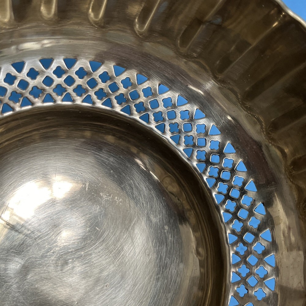 Brass Basket W/Handle Pedestal Reticulated 7” Diameter X 4.5” Solid Brass
