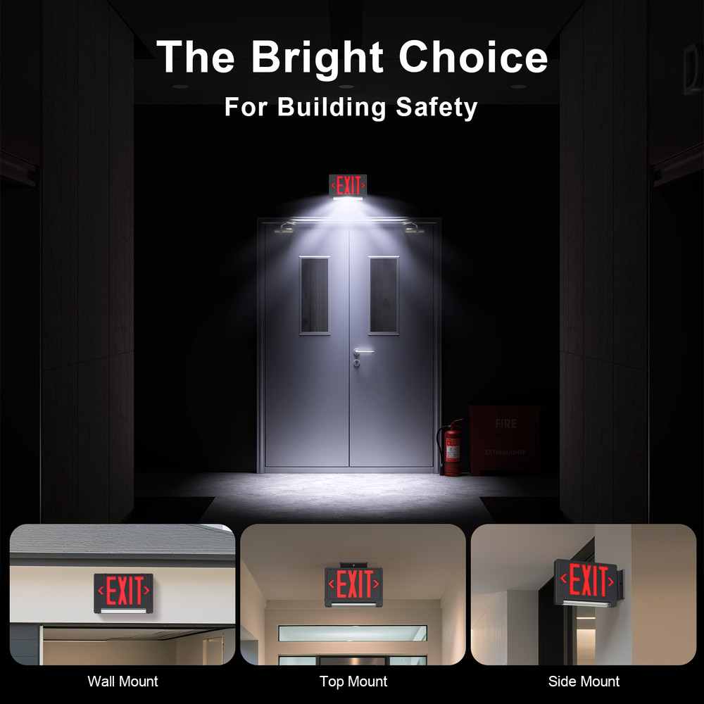 Adjustable LED Exit Sign with Emergency Light Bar, Hardwired, Battery Backup, UL