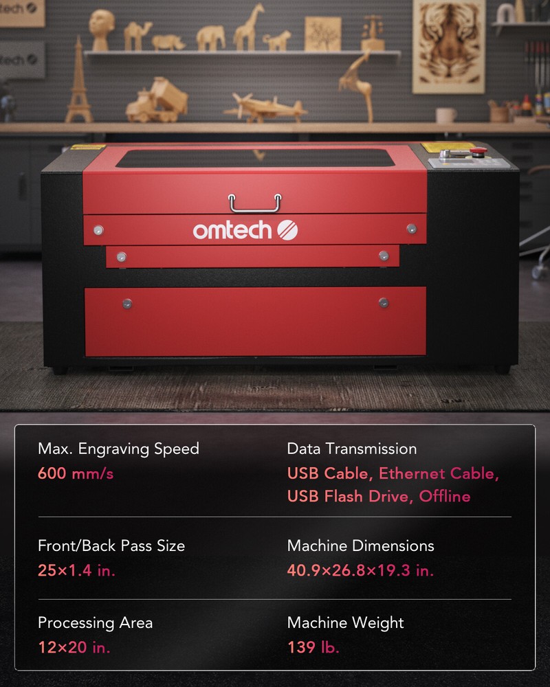 OMTech 12x20 50W CO2 Laser Engraver Cutter Marker with Basic Accessories A