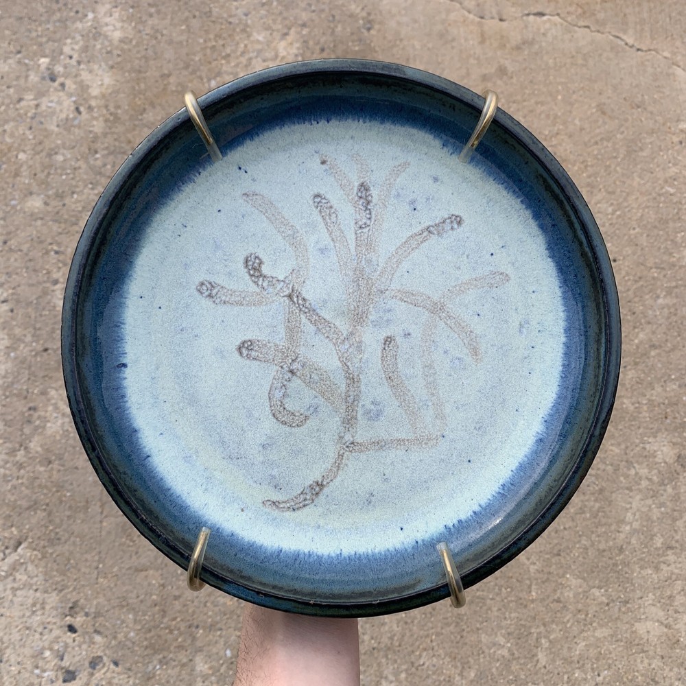 Art Studio Pottery Plate Platter Display 10” Blue Tree Star Kelp Pattern- Signed