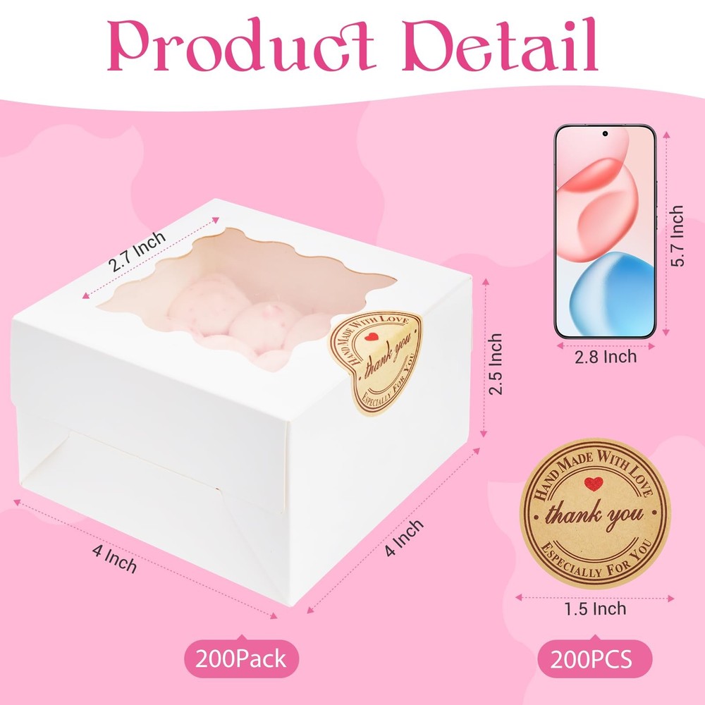 200pcs White Cookie Boxes with Window, 4x4x2.5 Inches Small Bakery Boxes with...