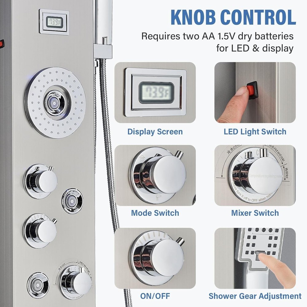 Stainless Steel 6-Function Shower Tower with Handheld & Temperature Display
