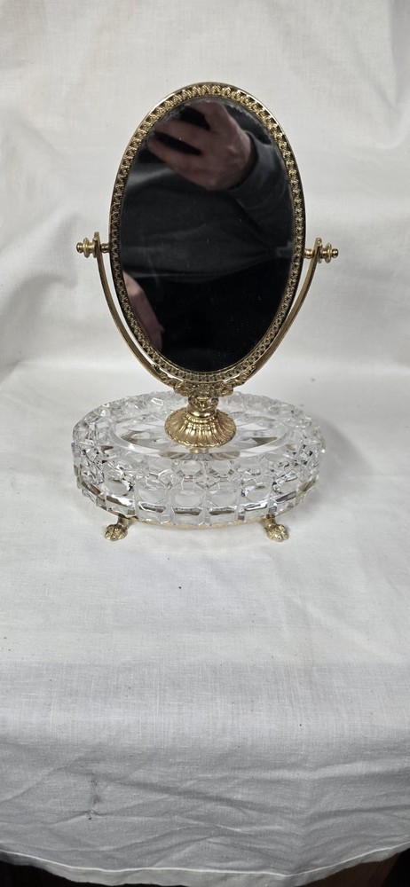 1950's Antique Pedestal Mirror With Crystal Base