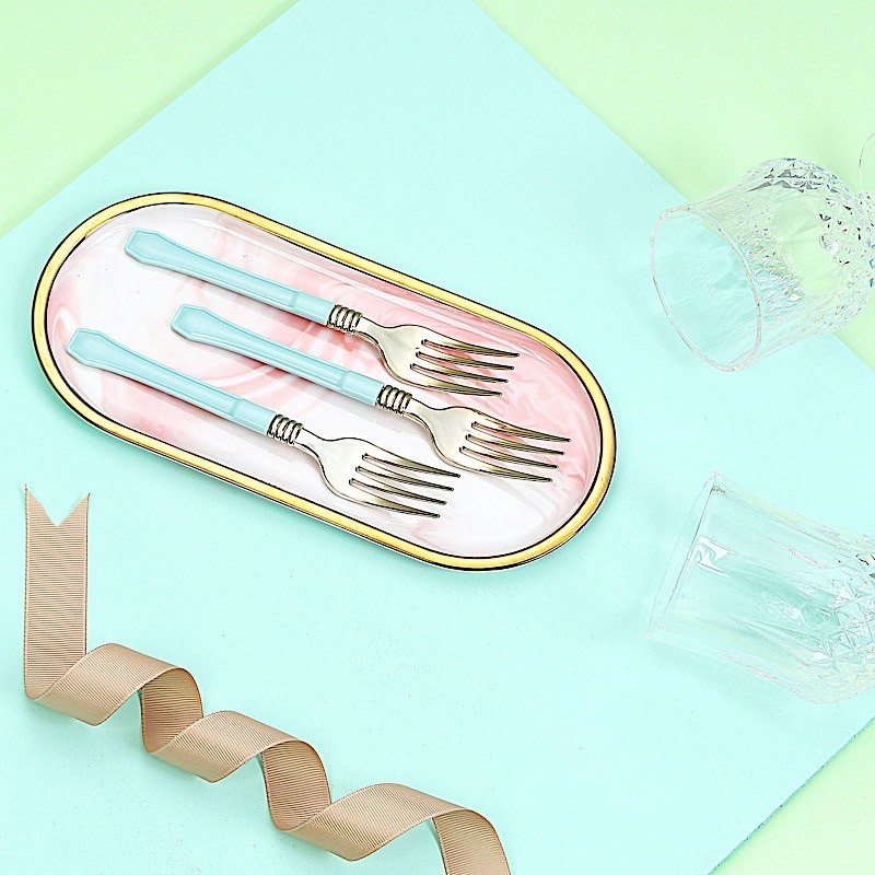Metallic Gold Forks with Blue Handle Wedding Dinner Party Disposable Tableware