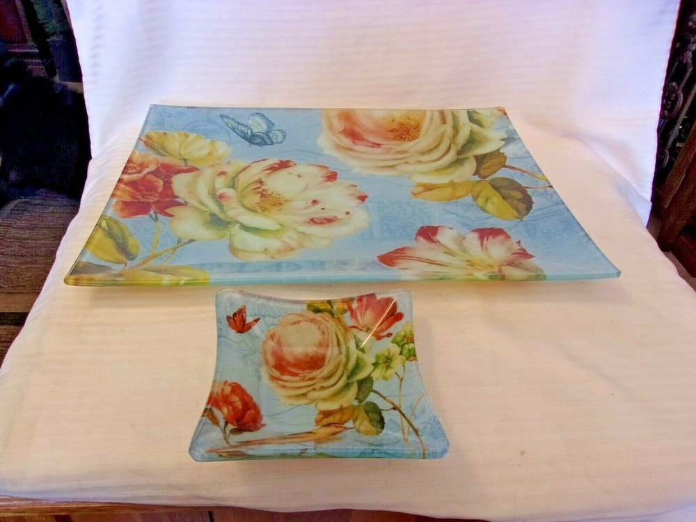 Rectangular Glass Platter and Dip Bowl Floral Pattern by Lisa Audit