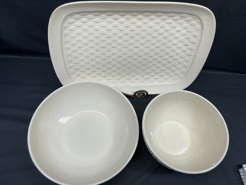 Pfaltzgraff "HAMPTONS" Basketweave ~ 3 Piece Serving Set: Bowls, Platter