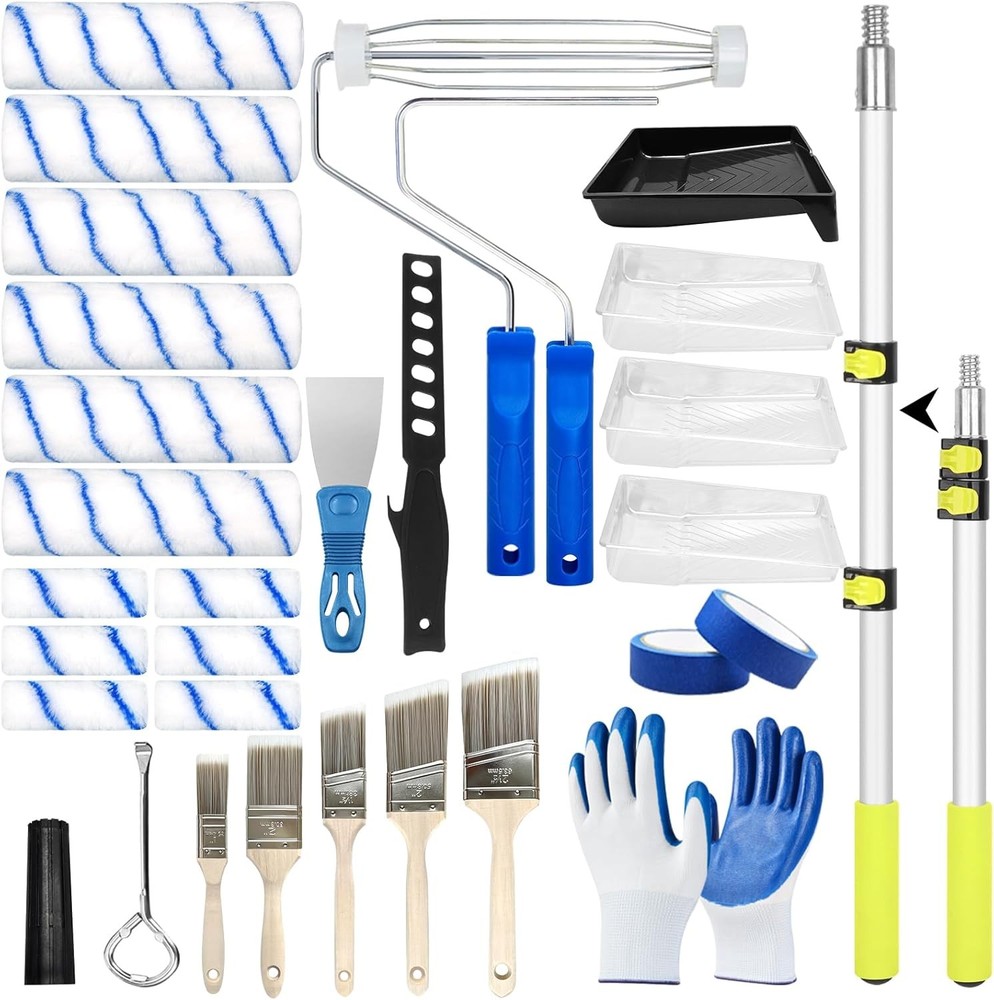 31 PCS Paint Roller Kit with Extension Pole 2 to 4 Ft,9"4"Paint Rollers Covers F