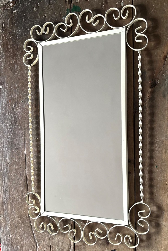 White Wrought Iron Wall Mirror Decorative Scrollwork Twisted Frame 1960/70's