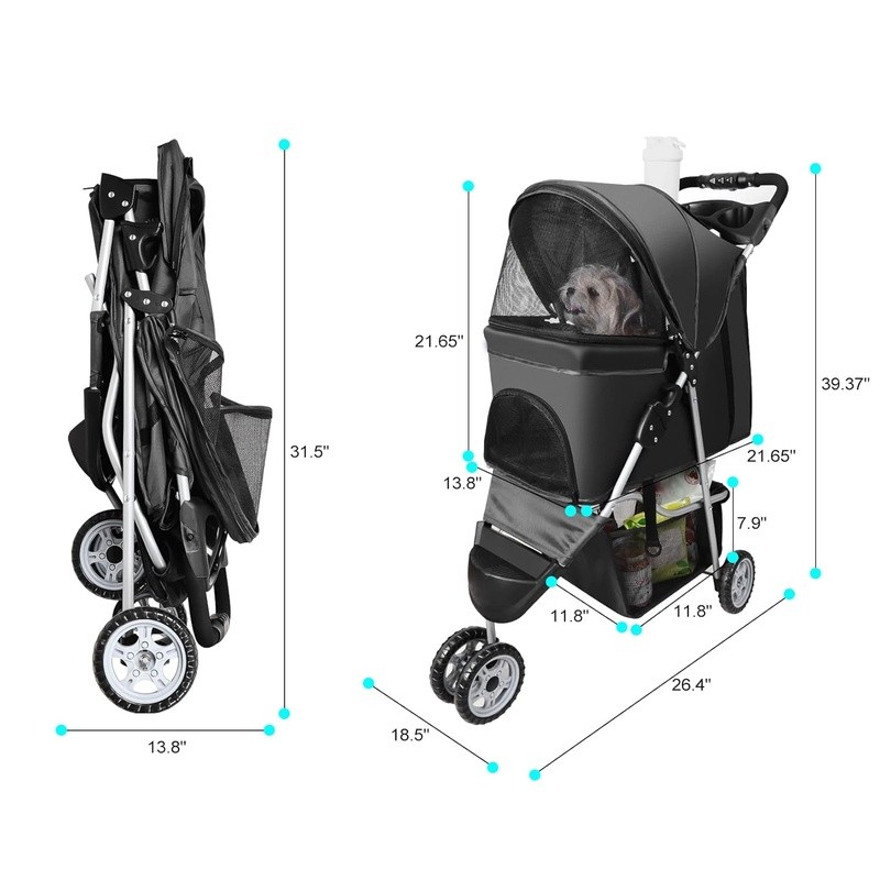 Pet Strollers 3-Wheel Dog Stroller Folding Flexible for Small Medium Dog & Cat