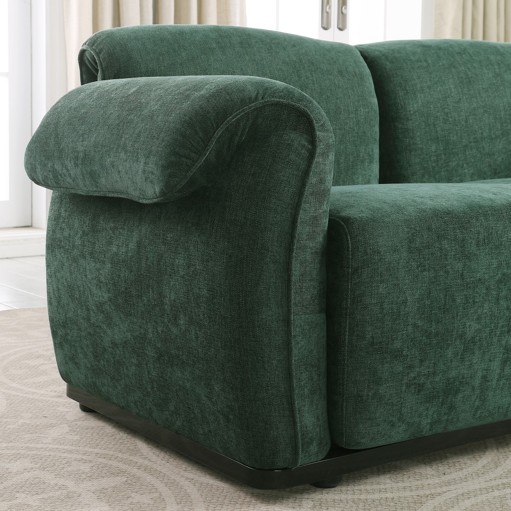68.5" Green Chenille Sectional Sofa, Iron Frame, Split Back, Square Arms