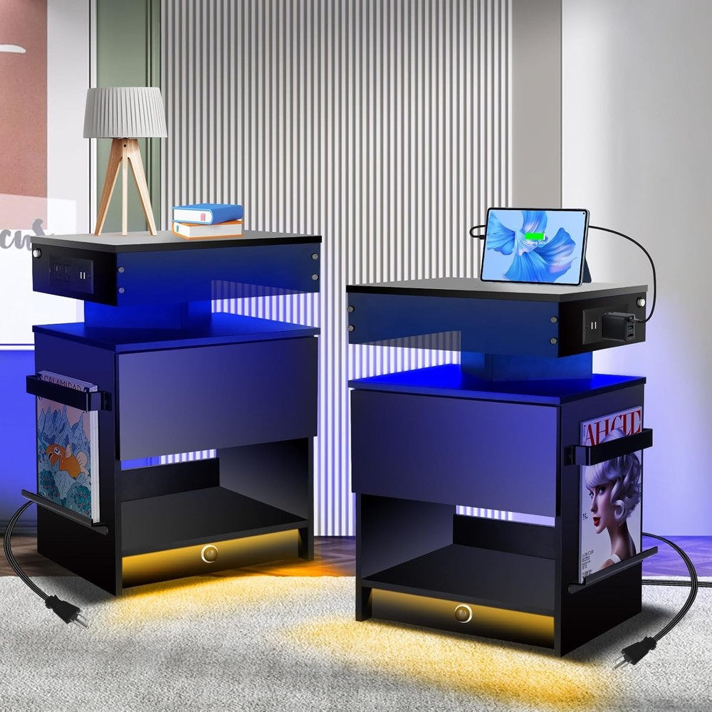 2 Pack Bedside Table with LED Light USB Charging