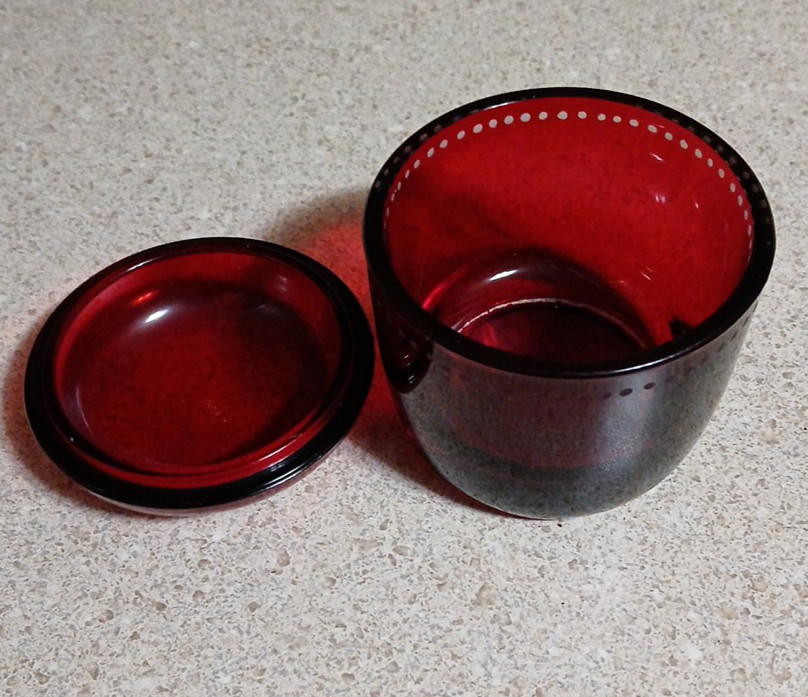 Glass Vanity Red Lidded Cotton Jar 4"H