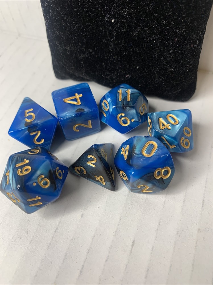 7 Piece Polyhedral Dice Set Blue Marble With Gold Numbers D&D RPG