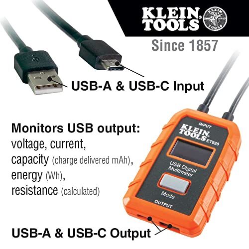 Klein Tools ET920 USB Power Meter, USB-A and USB-C Digital Meter for Voltage