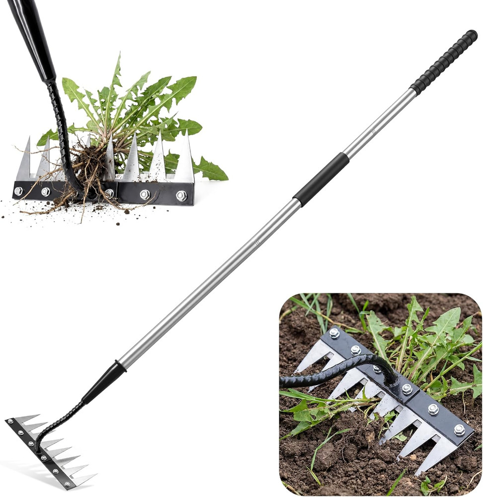 Heavy-Duty Iron Weeding Rake with Long Handle - 8 Teeth Manual Tool