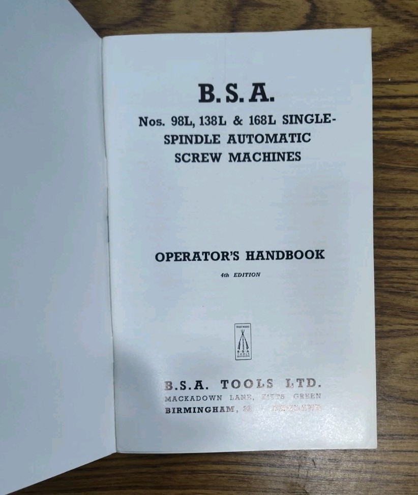 B.S.A. Tools Co Single Spindle Automatic Screw Machine Operator Handbook Manual