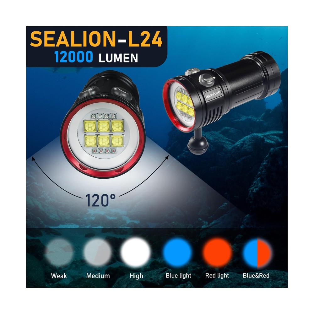 LetonPower Diving Flashlight, L24 12000Lumens Dive Light,100m Underwater Vide...