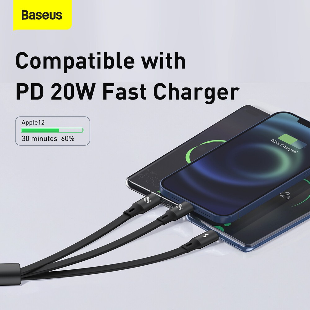 Baseus Retractable 3in1 USB-C Fast Charging Cable Line For iPhone Micro USB-C