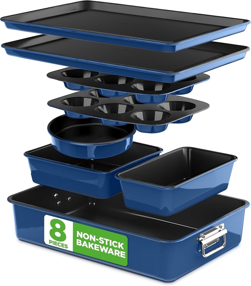8-Piece Nonstick Stackable Bakeware Set - PFOA, PFOS, PTFE Free Baking Tray S...