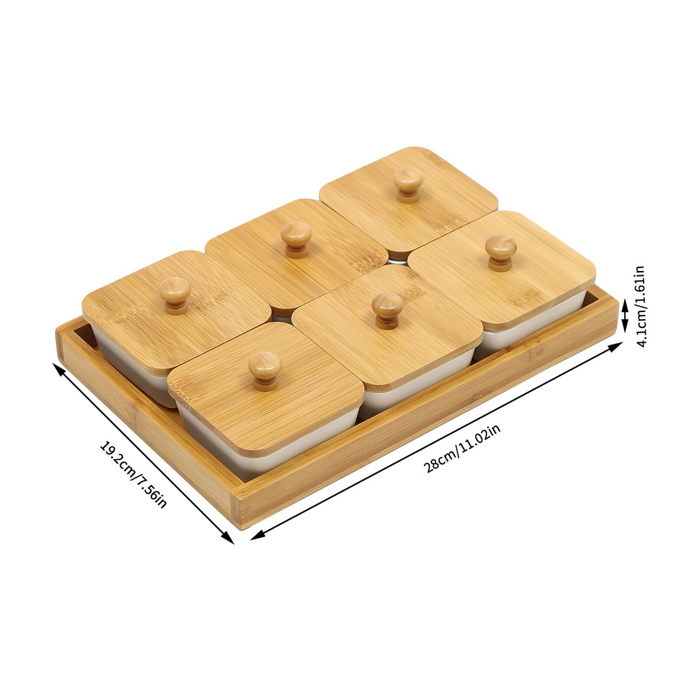 Ceramic Snack Serving Tray Set Square w/ Bamboo Lids & 6 Piece Platter