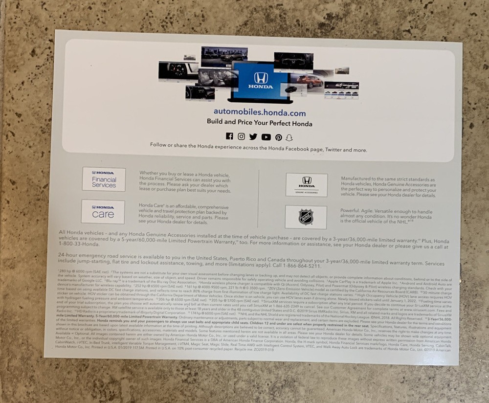 2019 HONDA Vehicles Full Line Brochure