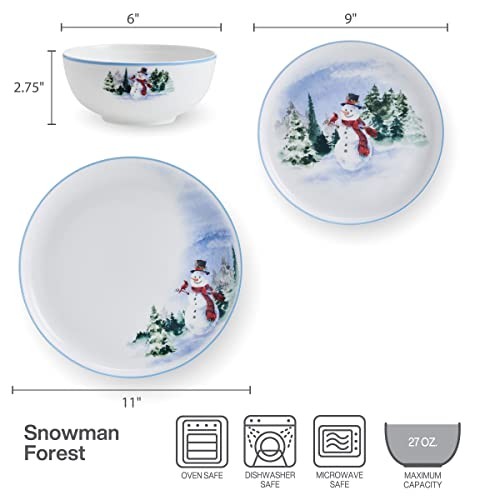 Snowman Forest Chip Resistant 12 Piece Dinnerware Set, Service for 4