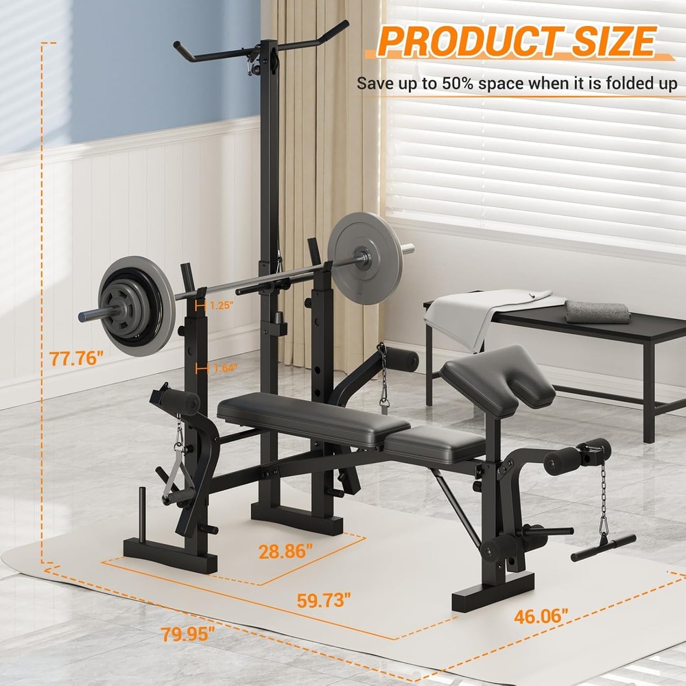 7-in-1 Adjustable Weight Bench with Squat Rack,Lat Pulldown & Leg Extension Home