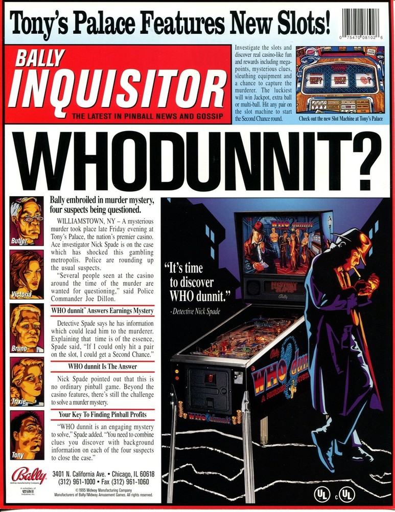 Whodunnit Pinball Flyer Mint / Brochure / Ad