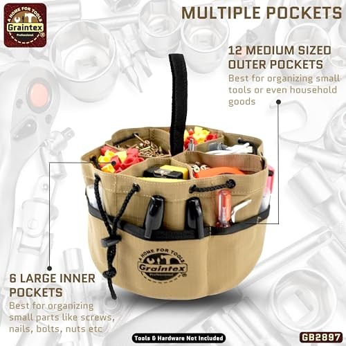 18 Pockets Grab Bag Rip-stop Canvas Drawstring Closure, Small Part Khaki