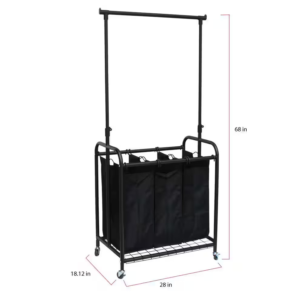 3-Bag Bronze Rolling Laundry Sorter with Hanging Bar