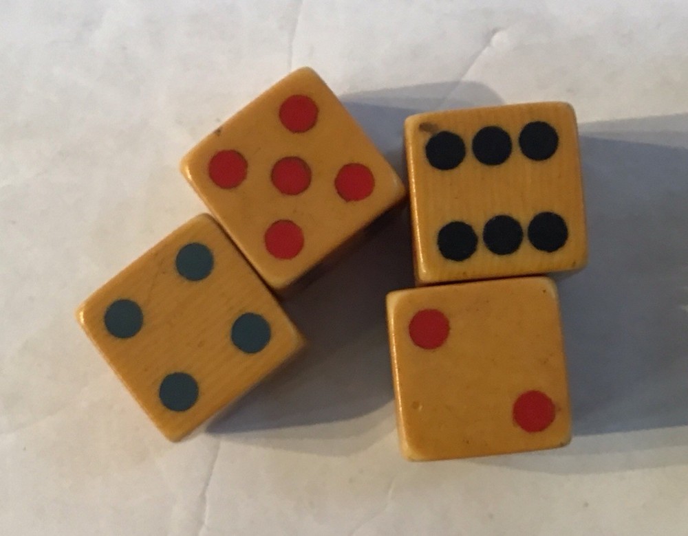 Antique Tri Color Dice And Broken Snap Box