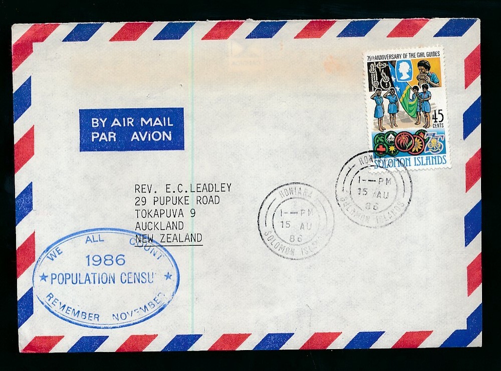 BRITISH SOLOMON ISLANDS 1986 POPULATION CENSUS OVAL HANDSTAMP on AIRMAIL