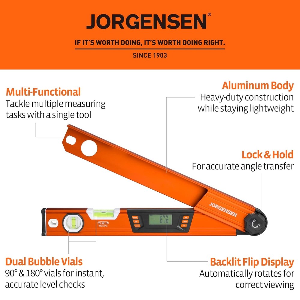 JORGENSEN Digital Multi Angle Finder Digital Level w/Backlit LCD Protractor Tool
