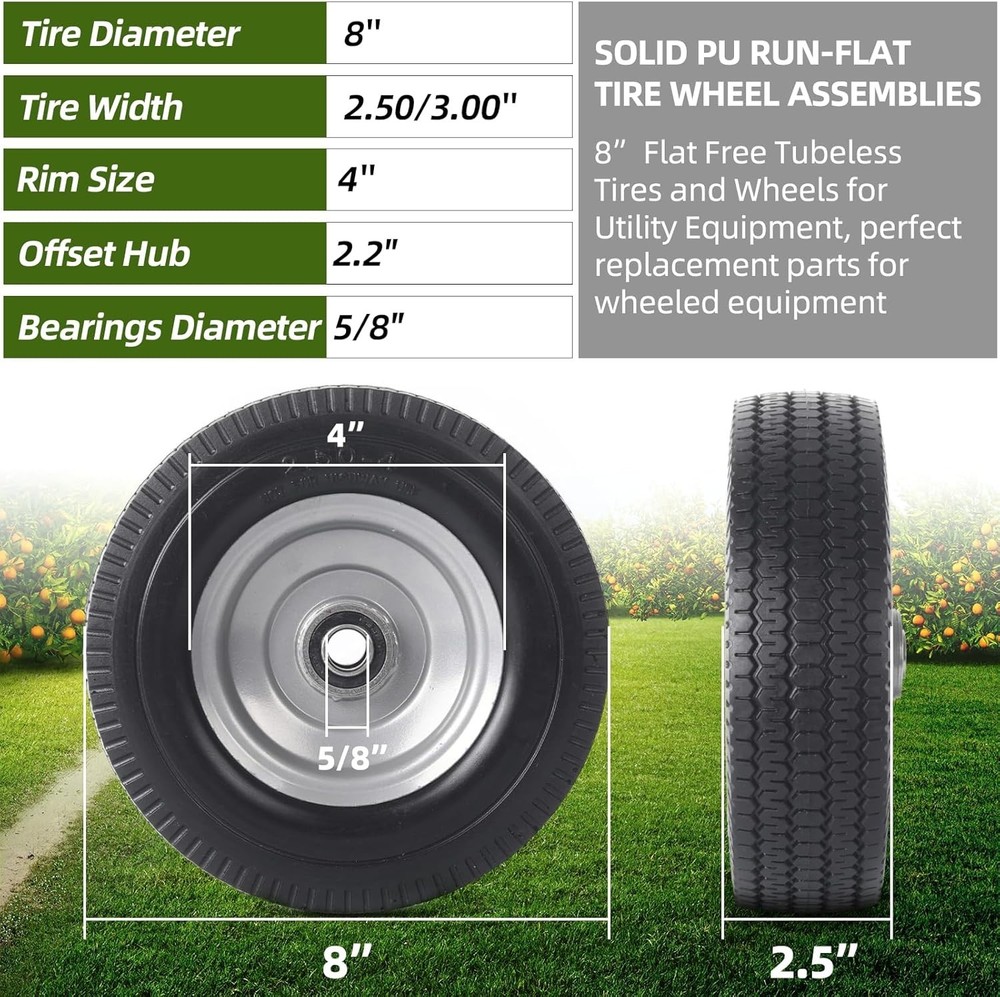 2-Pack 8-Inch Flat-Free Tire Replacement – Heavy-Duty Solid Wheel Assemblies