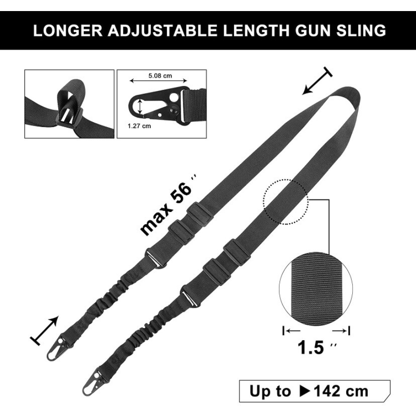 🌟Tactical 2 Point Bungee Rifle Gun Sling, Quick Release HK Hooks & D-Ring Strap