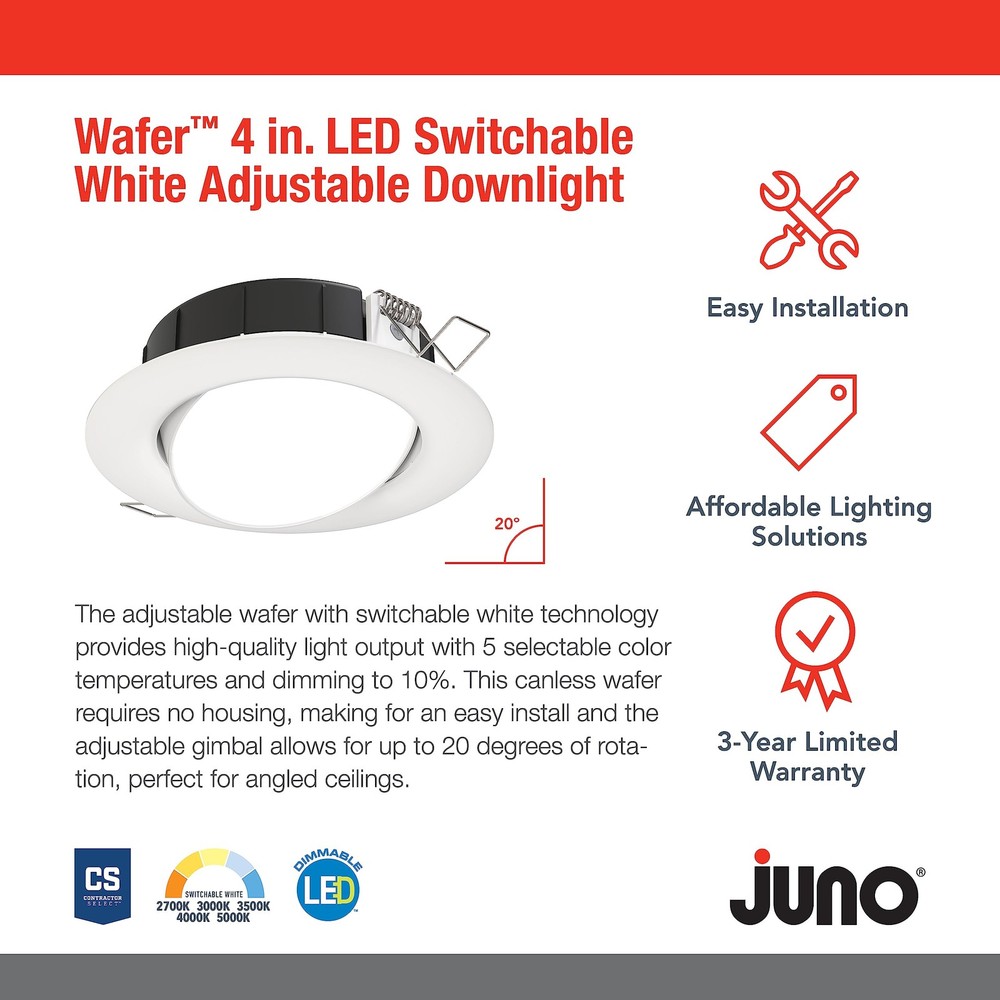 Juno LED Shower Light, 4" Adjustable Wafer Downlight, 5CCT Switchable