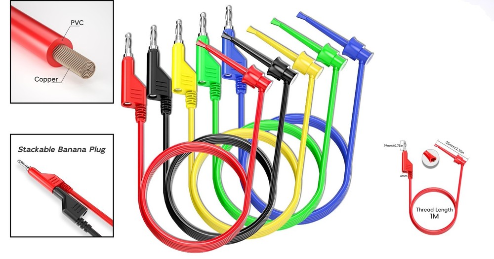 5-Pack 4mm Stackable Leads with Hook Clips – Ideal for Electrical Testing
