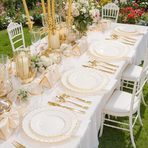Scalloped Plastic Plates - Gold Disposable Dinnerware Set Include 175PCS Ivory