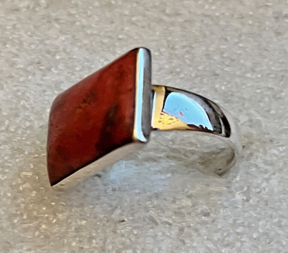 Natural Coral Rectangle Ring size 10 in Sterling Silver