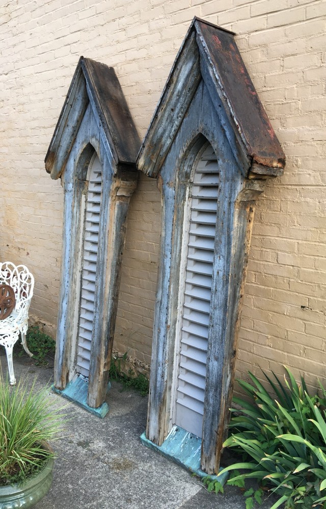 Large unusual matching pair architectural shutter Gothic windows---16287