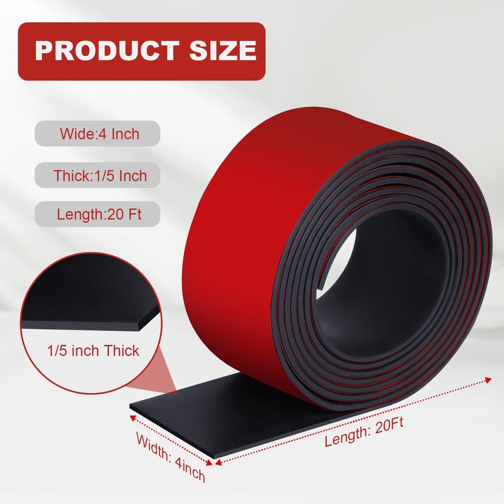 Solid Neoprene Rubber Strips Adhesive Backing 4 Inch x 1/5 Inch x 20 FT Roll