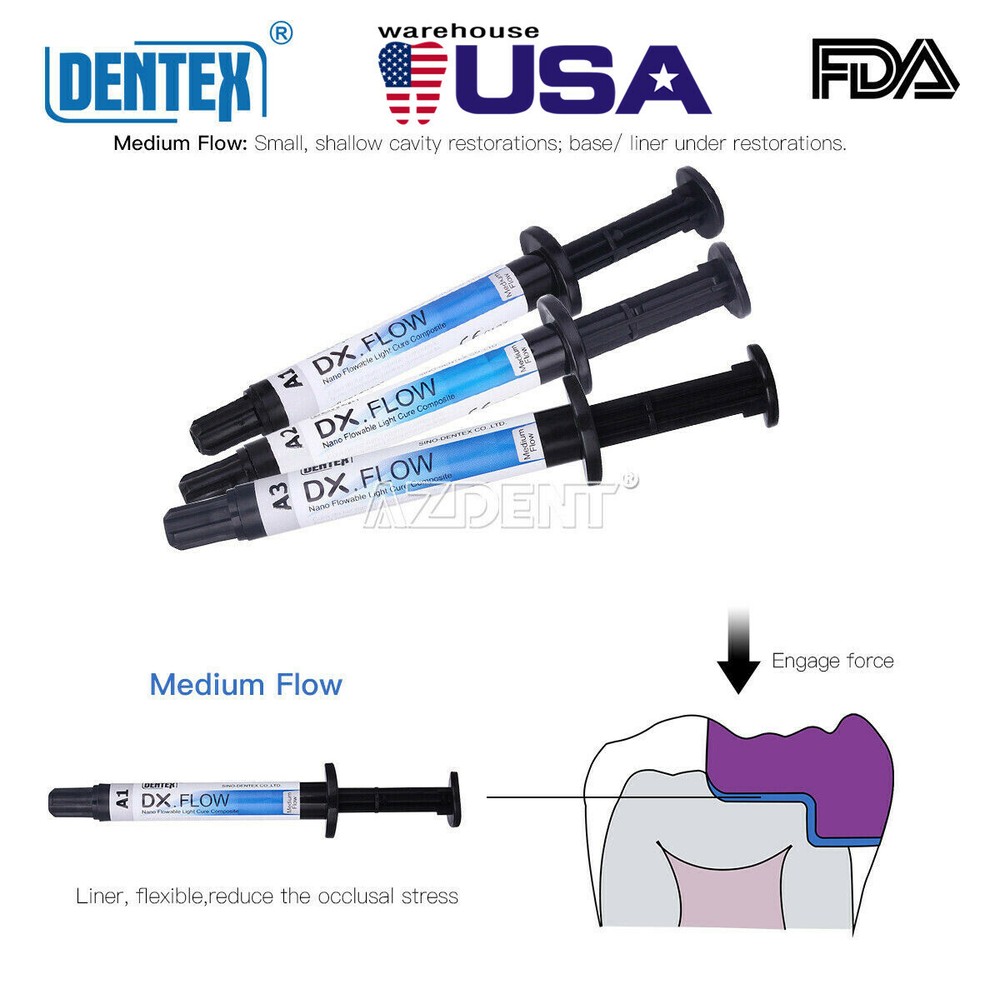 DENTEX DENTAL FLOWABLE LIGHT CURE COMPOSITE RESIN NANO MEDIUM FLOW A1 A2 A3