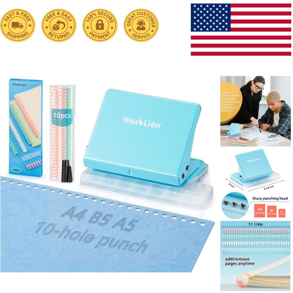 Metal 10-Hole Punch Binding Machine for Custom Planners - Blue, Space-Saving