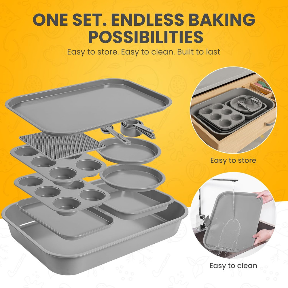 11 Piece Stackable Nonstick Baking Pan Set, Space-Saving Nesting Bakeware, 6-Cup