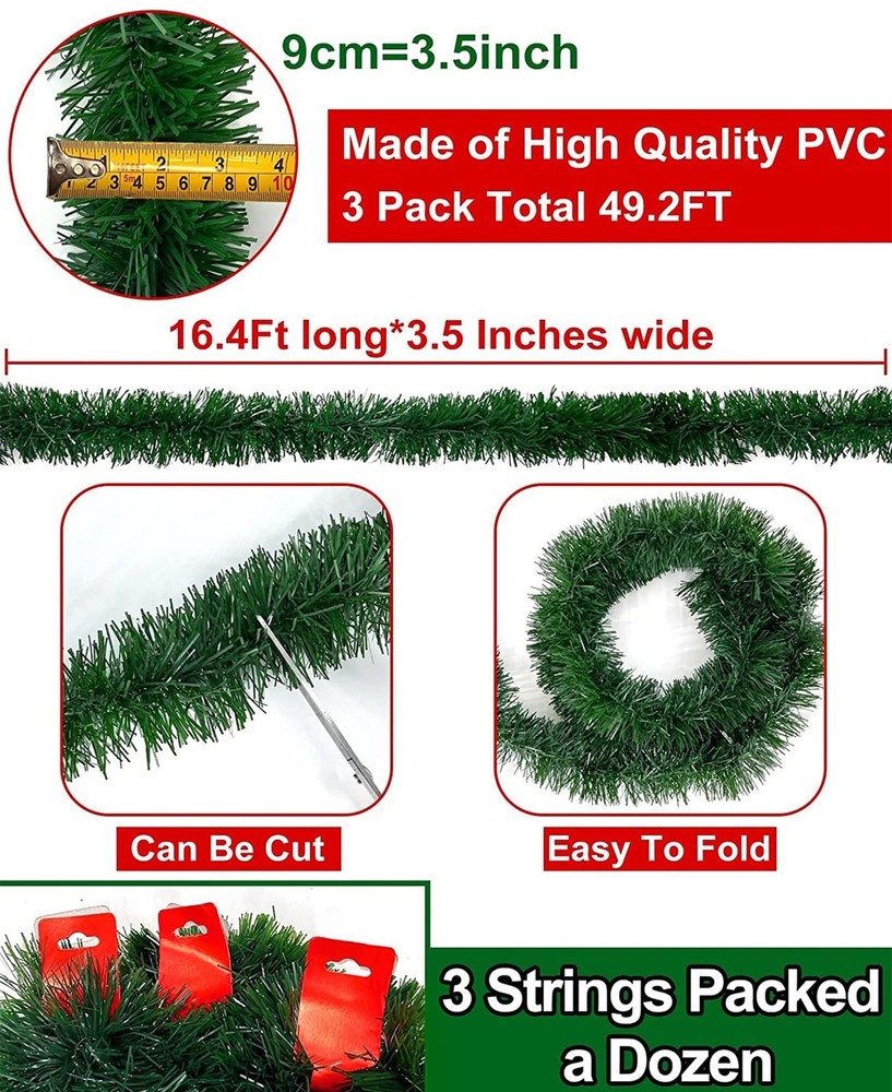 3 Pack Total 49.2 Ft Christmas Garland Decorations, 3Pack-49.2FT Total, Green