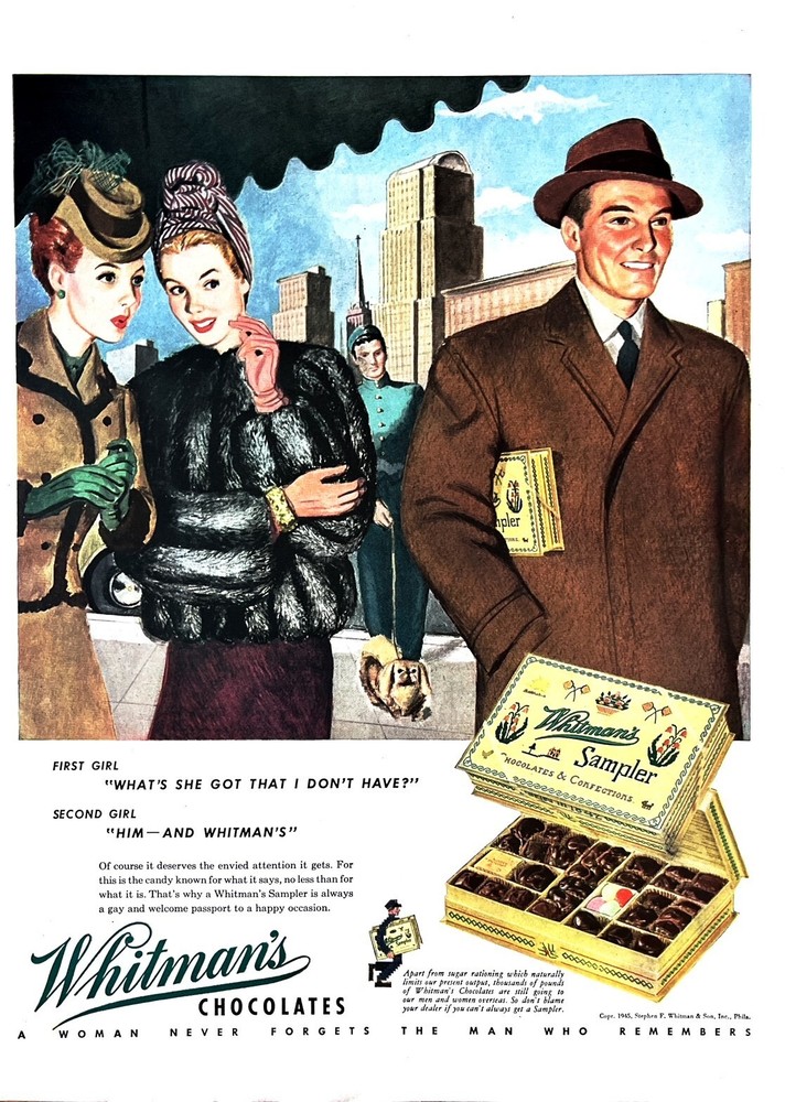 1945 WHITMAN'S SAMPLER Original Vintage Print Ad Chocolate Candy